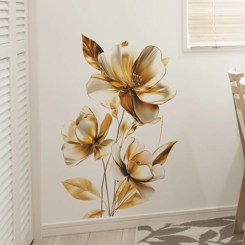 Golden Flowers Decorative Vinyl Wall Stickers For Wall Decor Adhesive Wallpaper Furniture Sticker Bedroom Accessories Room Decor