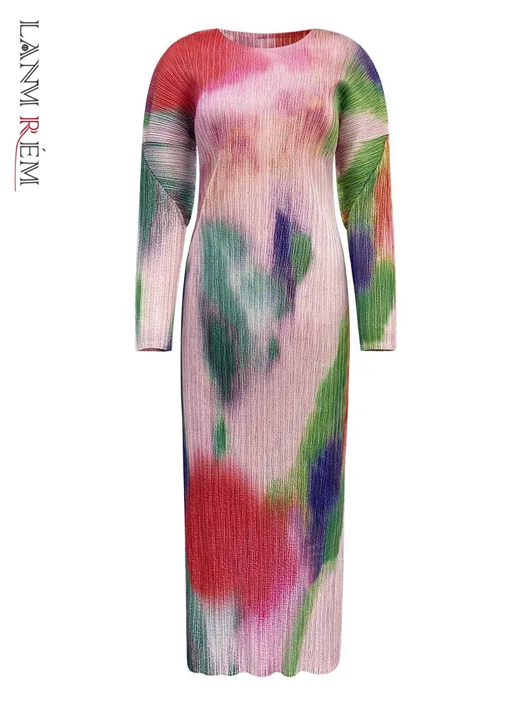 

LANMREM Fashion Tie Dye Print Pleated Dress For Women Long Sleeves Contrast Color Slim Dresses Streetwear 2024 New 32C1059