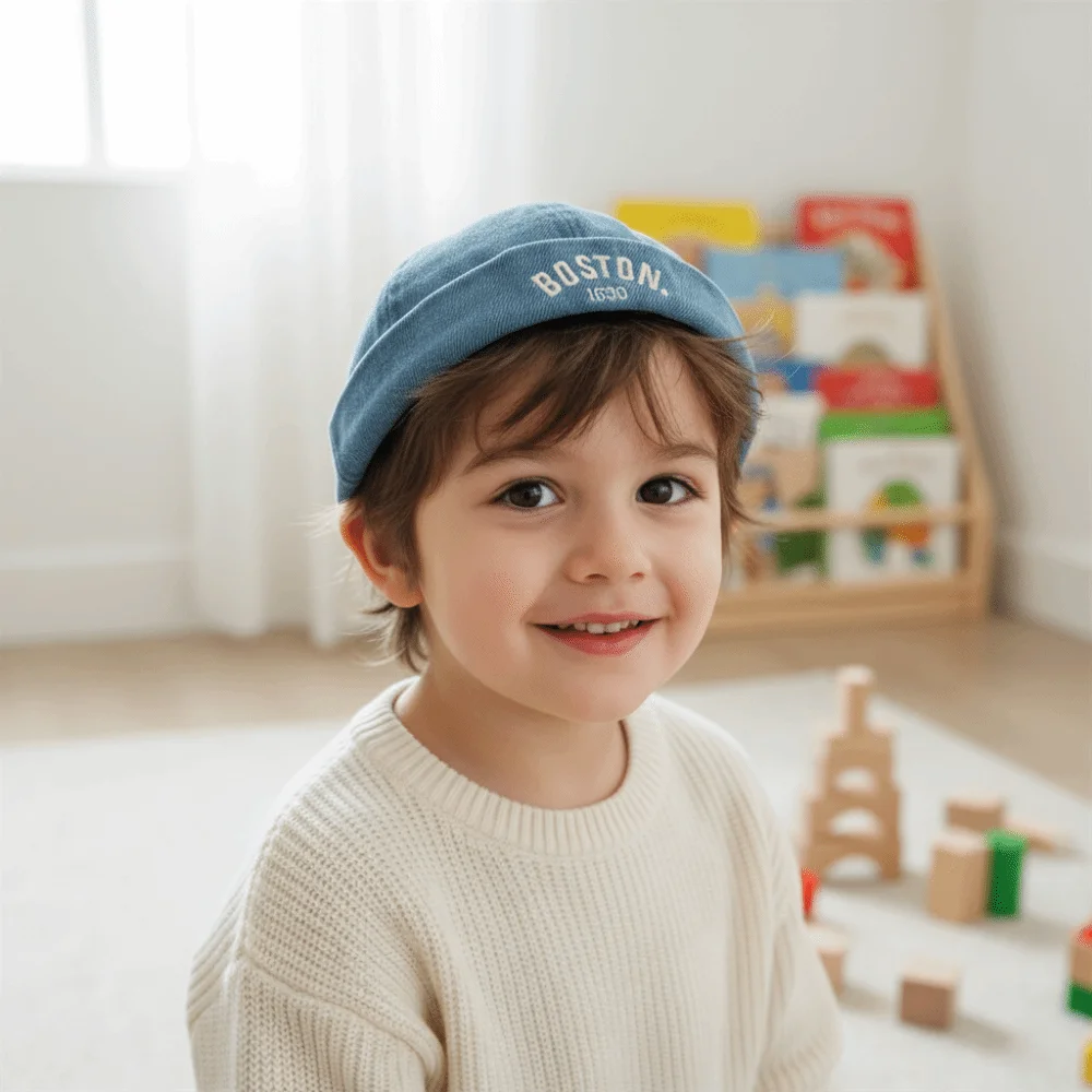 

Стираная джинсовая детская шапка без полей с вышивкой букв, однотонная детская шапочка-дыня, синяя кепка с завязками на шнурке, повседневная кепка
