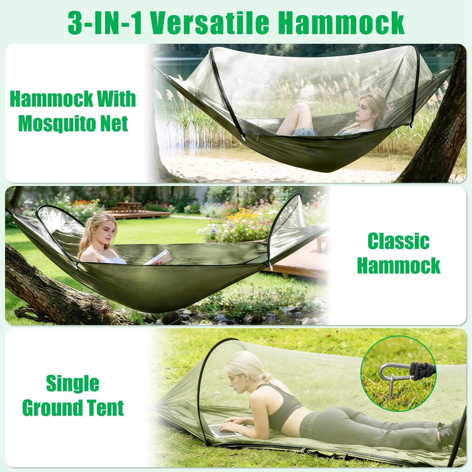 Camping Hammock with Mosquito Net, 3-in-1 Portable Hammock Tent with Built-In Mosquito Net, Dual-Way Zippers, 440lbs Capacity, Attached Storage Pocket for Outdoor Travel Camping Hiking