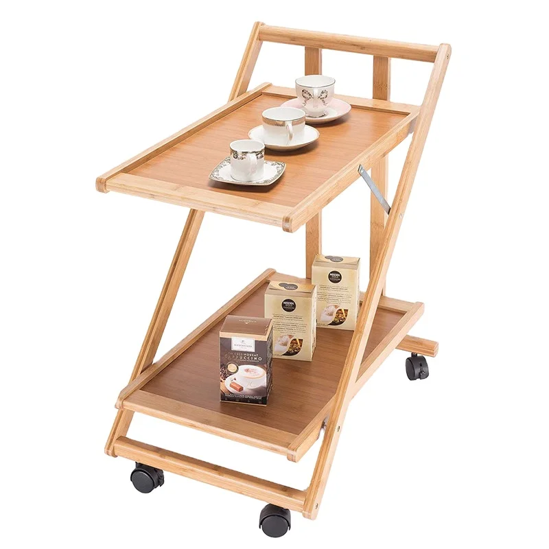 Bamboo Serving Trolley Foldable 2 Tiers Kitchen Trolley