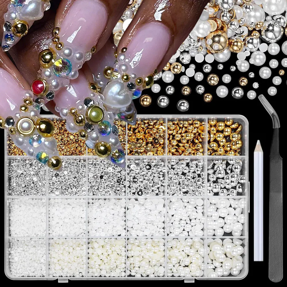 24 شبكة الذهب والفضة نصف جولة الكافيار حبة مسمار السحر 1/2/3/5 مللي متر فلاتباك الأبيض البيج اللؤلؤ مسمار الأحجار الكريمة الراين الراتنج مسمار ديكو