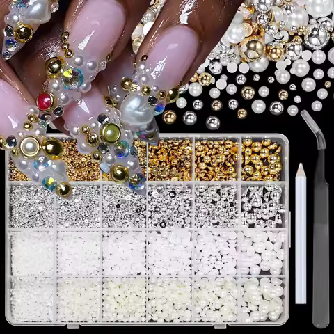 24grid Gold Silver Half Round Caviar Bead Nail Charms 1/2/3/5mm Flatback White Beige Pearl Nail Gems Rhinestones Resin Nail Deco