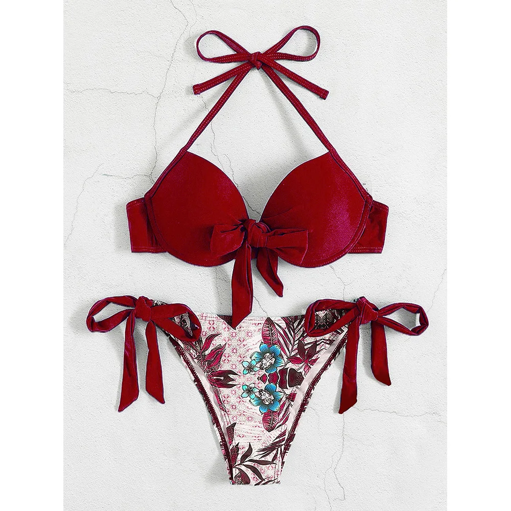 Floral impressão tanga conjuntos de biquíni sexy push up biquini brasileiro maiô duas peças banho feminino 2025 fatos de banho beach wear