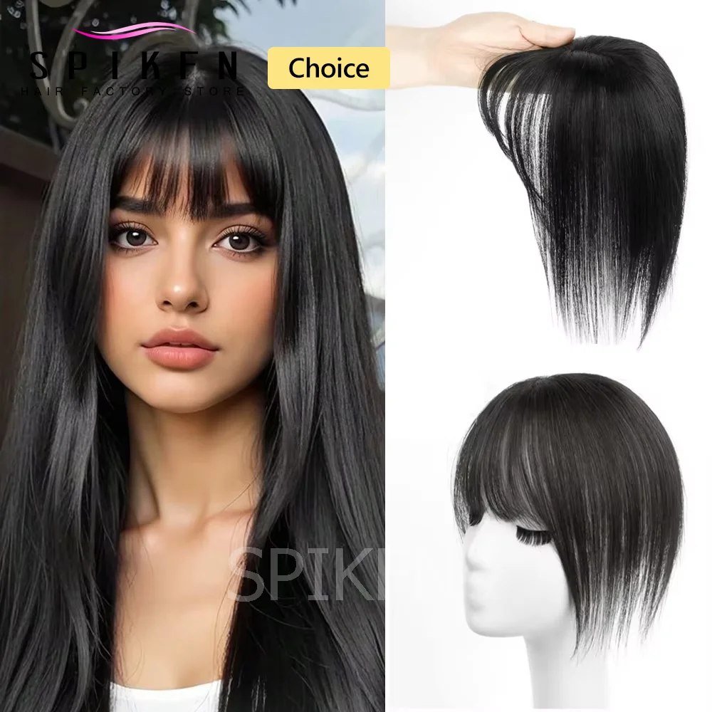 SPIKFN Black Real Human Hair Topper Natural Straight Top Hairpieces Blonde Brown Hair Topper Middle Part with Bangs 5x9cm Net