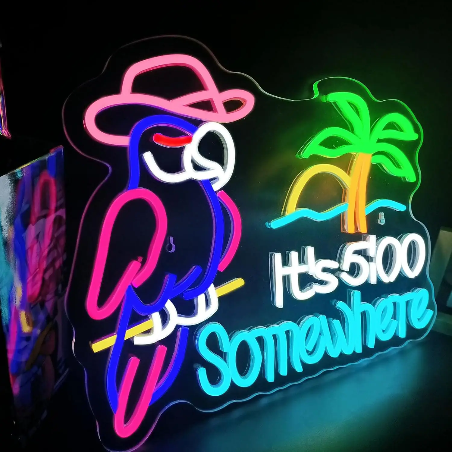 Parrot Palm Tree LED Neon Sign It's 5:00 Somewhere USB Wall Light Tropical Bar Man Cave Beach Party Home Patio Wall Decor Gift