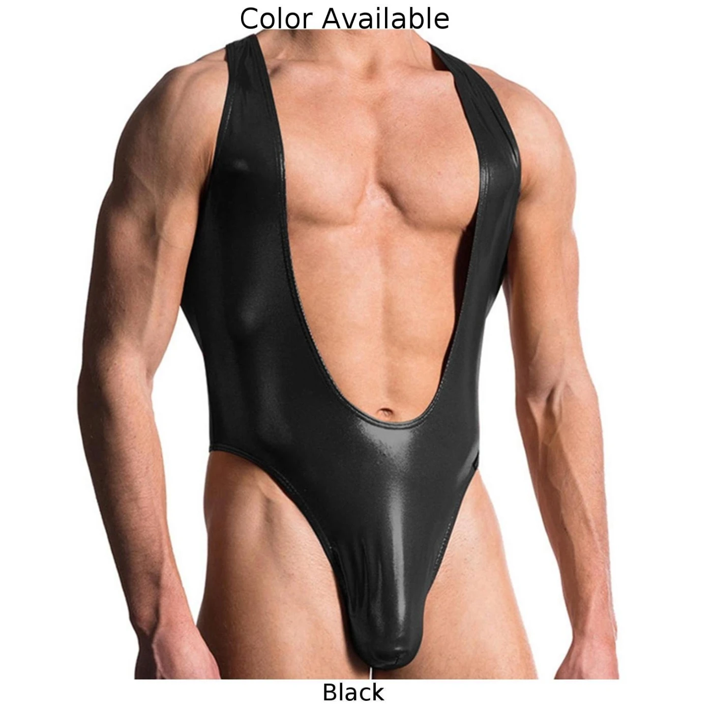 Men\\\'s Sexy PU Leather Wet Look A-shirt Jumpsuit Slim Fit Lingerie Sensual Party Dancewear Tight Fitting Night Romper Clubwear