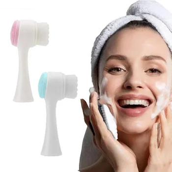 3D Double Side Face Washing Brush with OFT Fur Silica Instrument for Home Based Manual Face Clean and Pores Deep Cleanin