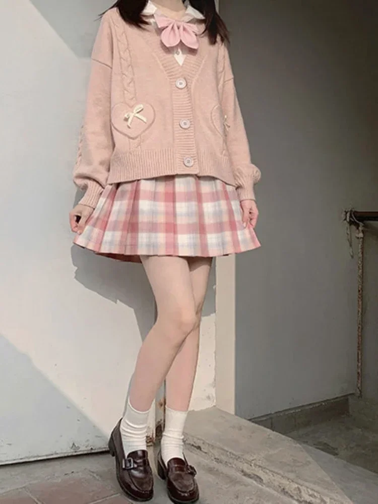 KOSAHIKI Japanese Kawaii Knitted Cardigan Women Heart Bow Pockets Cute Sweater Coat JK Girl Sweet Loose V-neck Kardigan Damski