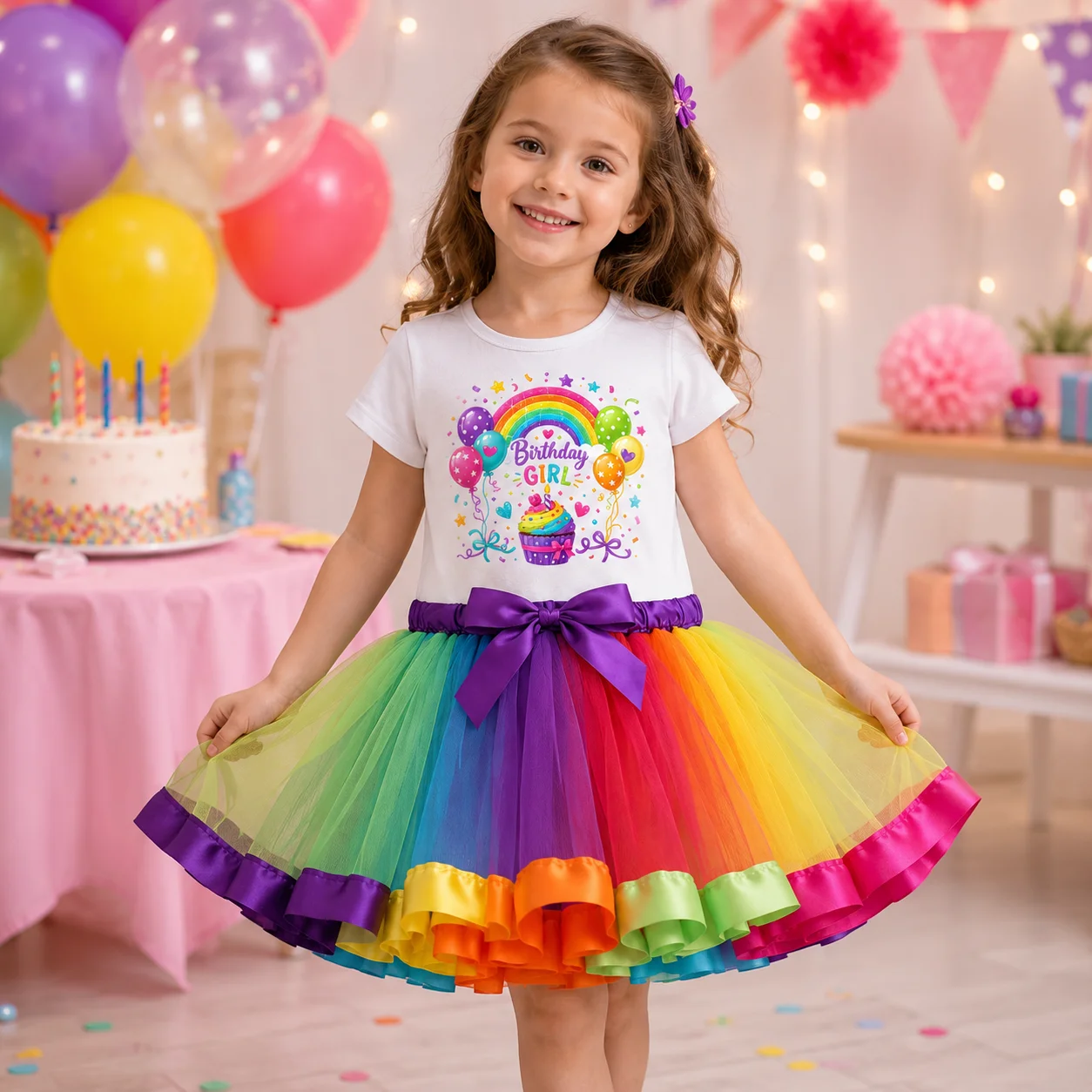 Regenbogen-Tutu-Kleid für Geburtstagsmädchen für Kinder von 2–8 Jahren, kurzärmliges T-Shirt-Oberteil + buntes Tüllrock-Set, Geburtstags-Set mit Cupcake-Aufdruck – Detail 5