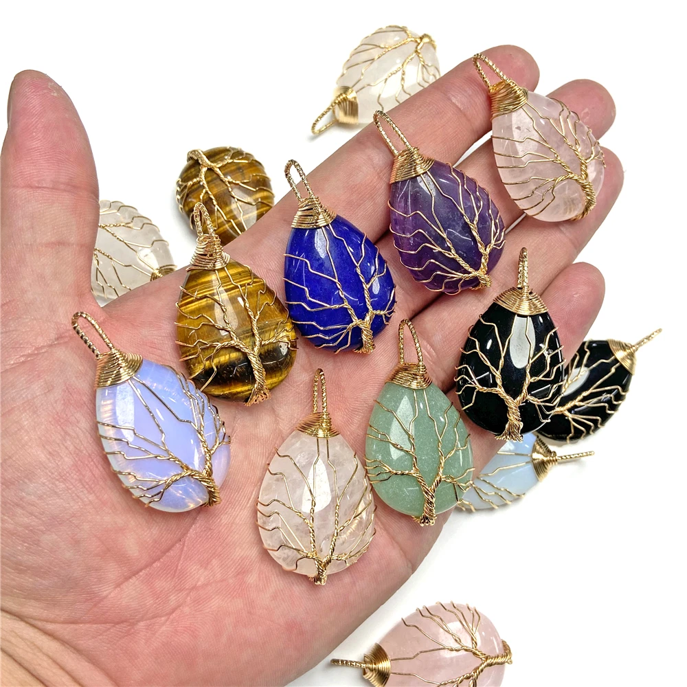 1Pc Water Drop Shape Natural Stone Pendant Handmade Life Tree Charm Pendants Gold Silver Color Wire Wrap Pendant for DIY 24x41mm