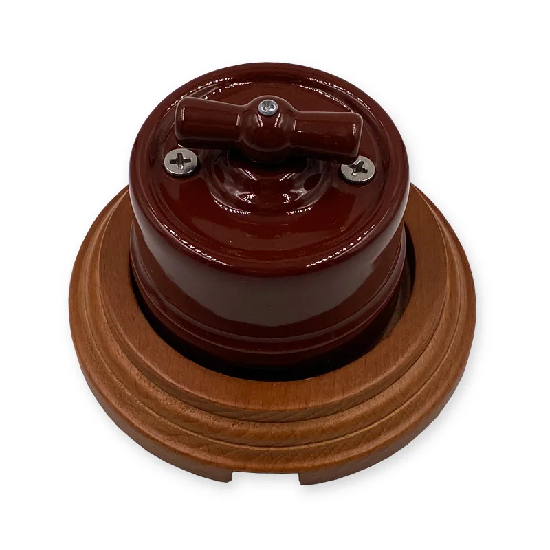 Retro Ceramic Rotary Switch Wall Lamp Knob Ceramic Switch 1-3 Hole Brown Wooden Base