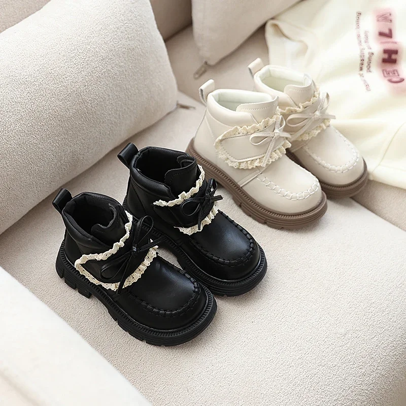 Waterproof Teenager Girl's Boots Autumn Fashion Boots for Girls PU Leather Korean Style Lace Princess Footwear for Girls