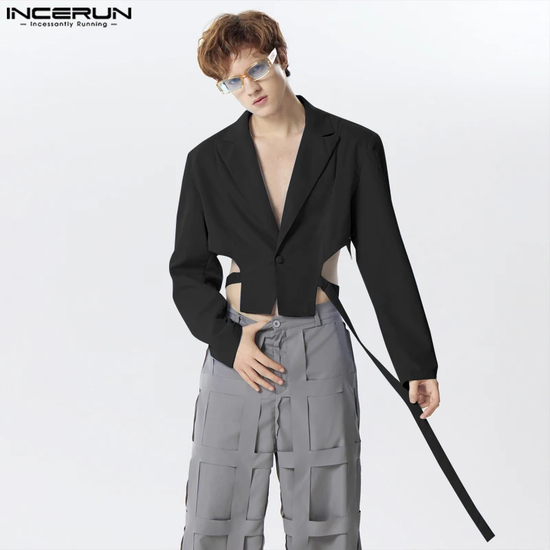 

INCERUN Tops 2024 American Style Fashion Men Metal Buckle Hollow Cropped Suit Coats Casual Solid Color Long Sleeved Blazer S-5XL