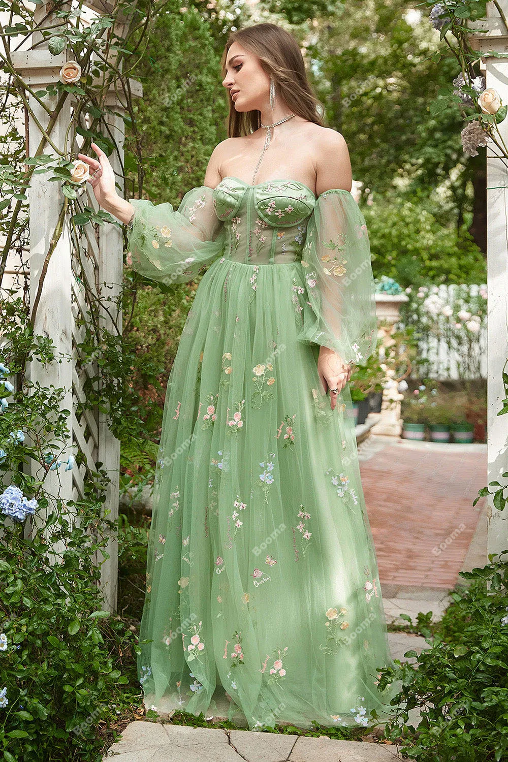 Booma Embroidery Lace Green Long Prom Dresses Sweetheart Off Shoulder Long Evening Dresses Boning Corset Graduation Party Gowns