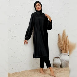 2024 Summer New Muslim Swimwear Black Modest Burkinis Hijab Swim Tops Pants Set Islamic Arabic Conservative Maillot De Bain Robe