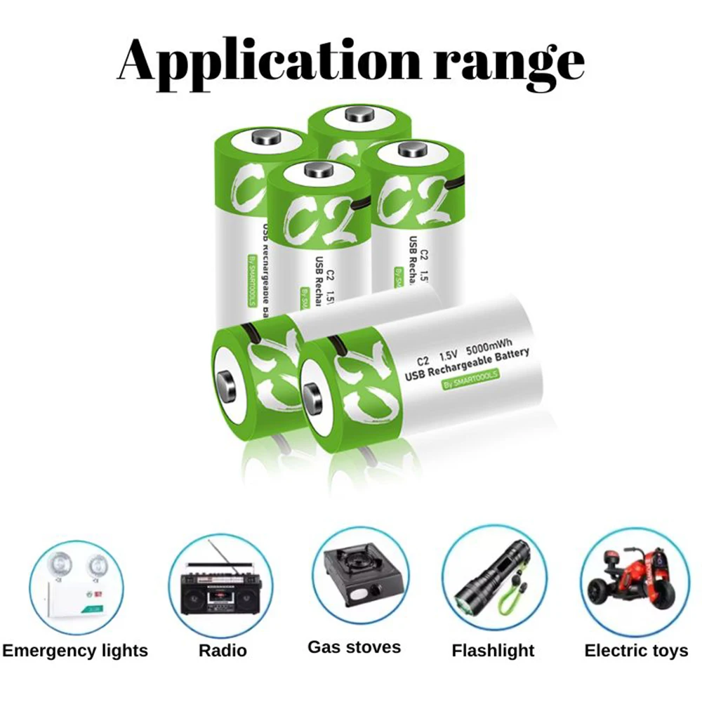 1.5V 5000mWh C2 LR14 C Size Li-po Rechargeable Battery Type-C Fast Charging Replace Disposable for Flashlight Gas Cooker Piano