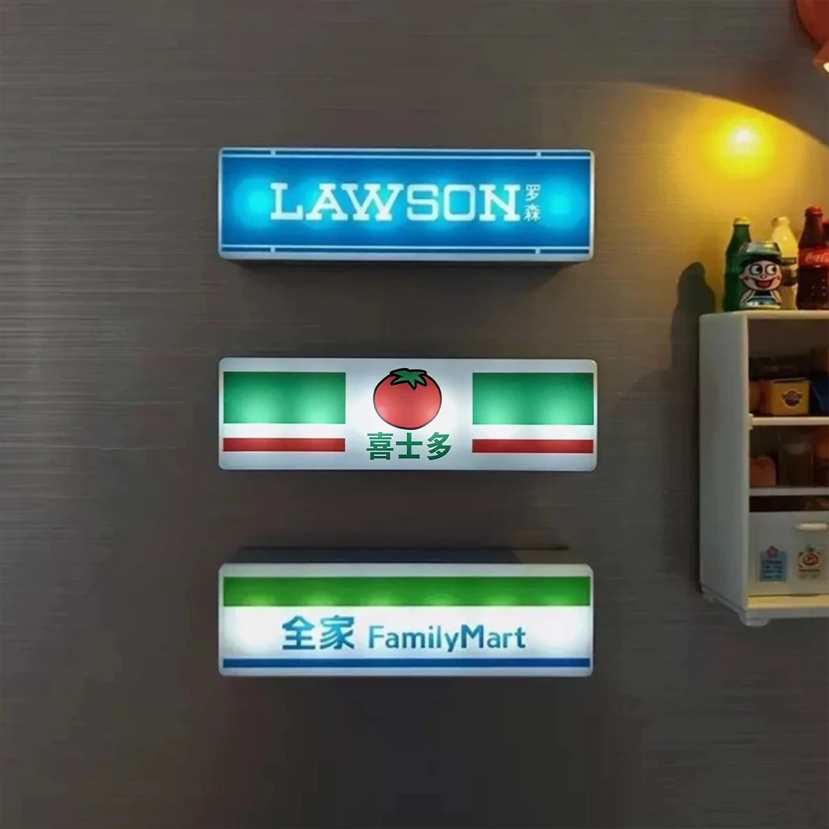 Creative Mini Refrigerator Sticker Convenience Store Magnetic Light Signs Display Board with Luminous Light Box Model Ornament