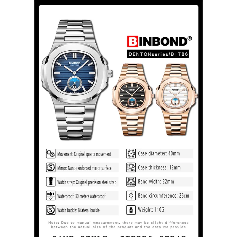 BINBOND Top Brand Luxury Casual Quartz Watch Fashion Square Dial Stainless Steel Calendar Luminous Waterproof Male Clock