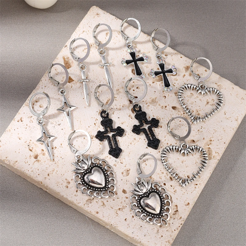 

6Pairs/Set Fashion Cross Hoop Earrings for Women Metal Love Heart Circle Earrings Girls Party Festival Jewelry Gifts