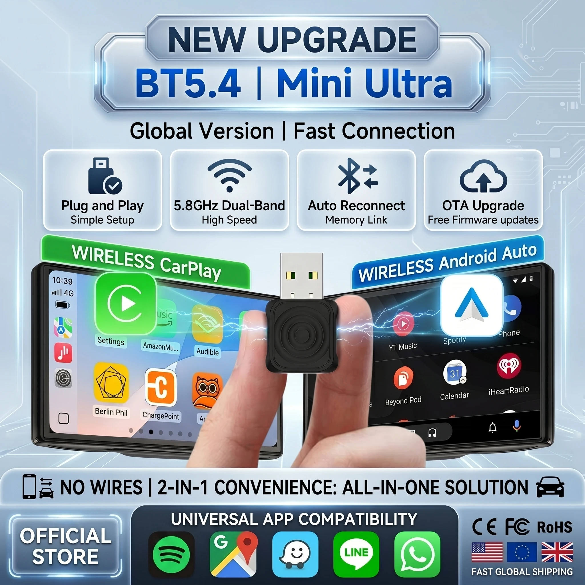 Carlinkit 2026 Wireless CarPlay Adapter Android Auto 2 in 1 Wireless Mini Dongle for Car Infotainment BT5.4 Wifi5.8G OTA Upgrade