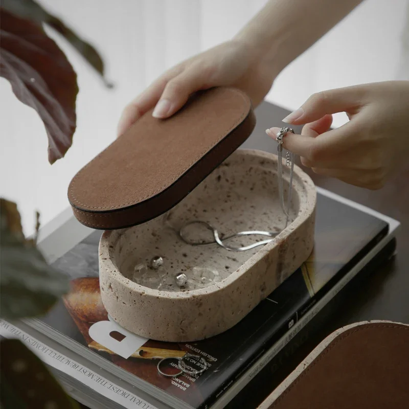 

Vintage Travertine Box Luxury Jewelry Earrings Necklace Display Storage Jar Natural Stone Oval Container with Leather Cover
