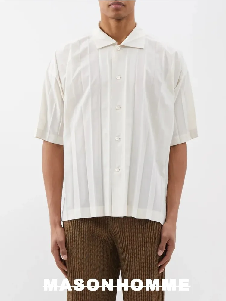 Miyake Pleated Men's Premium Shirt Casual Business Simple Short Sleeved White Shirt 2025 Summer New Men's Clothing