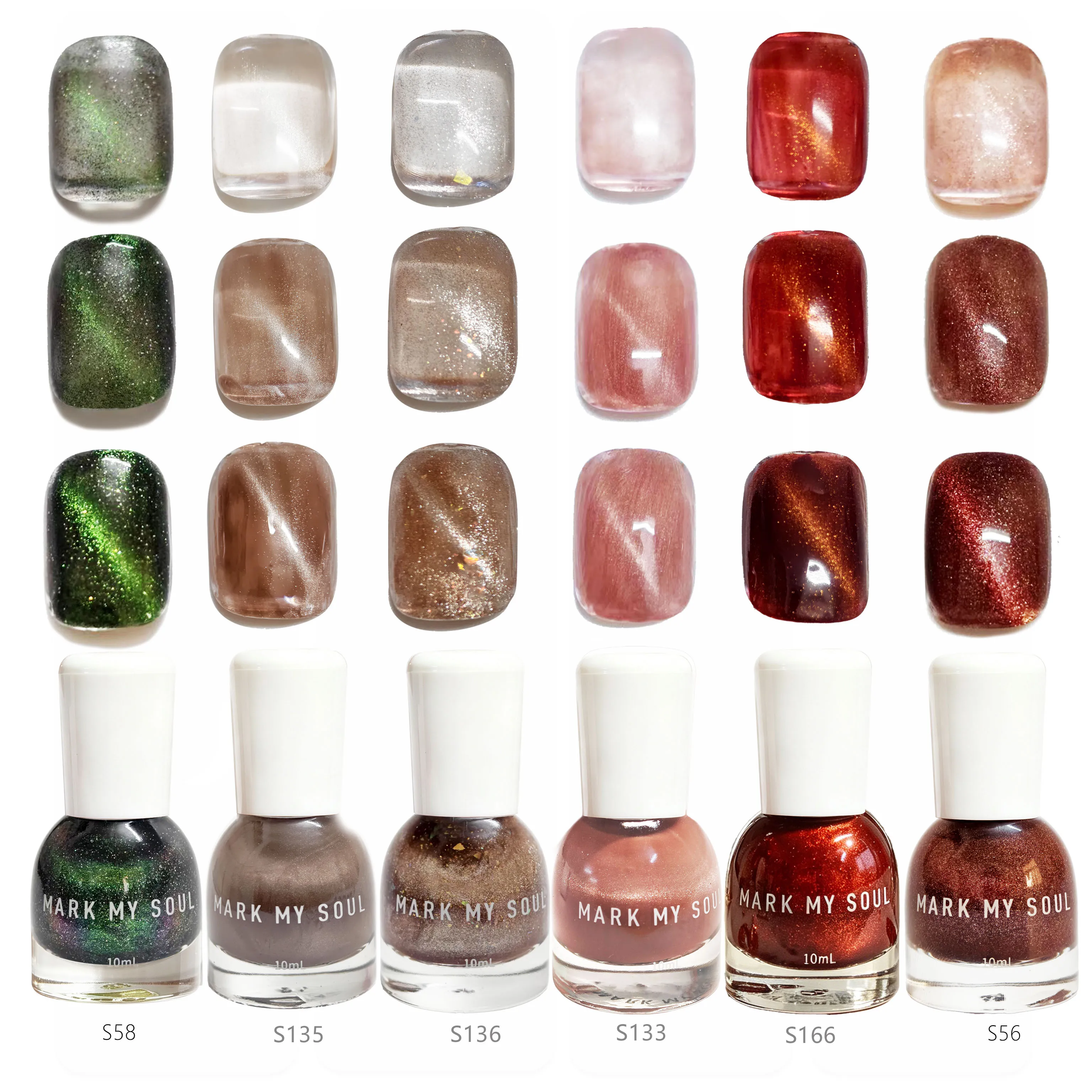 6Pcs Iridescent  Green  Cool  Coffee  Peach  Wine  Red  Brown Cat Eye Nail Polish Kit, MARK MY SOUL No  lamp Needed Nail Polish