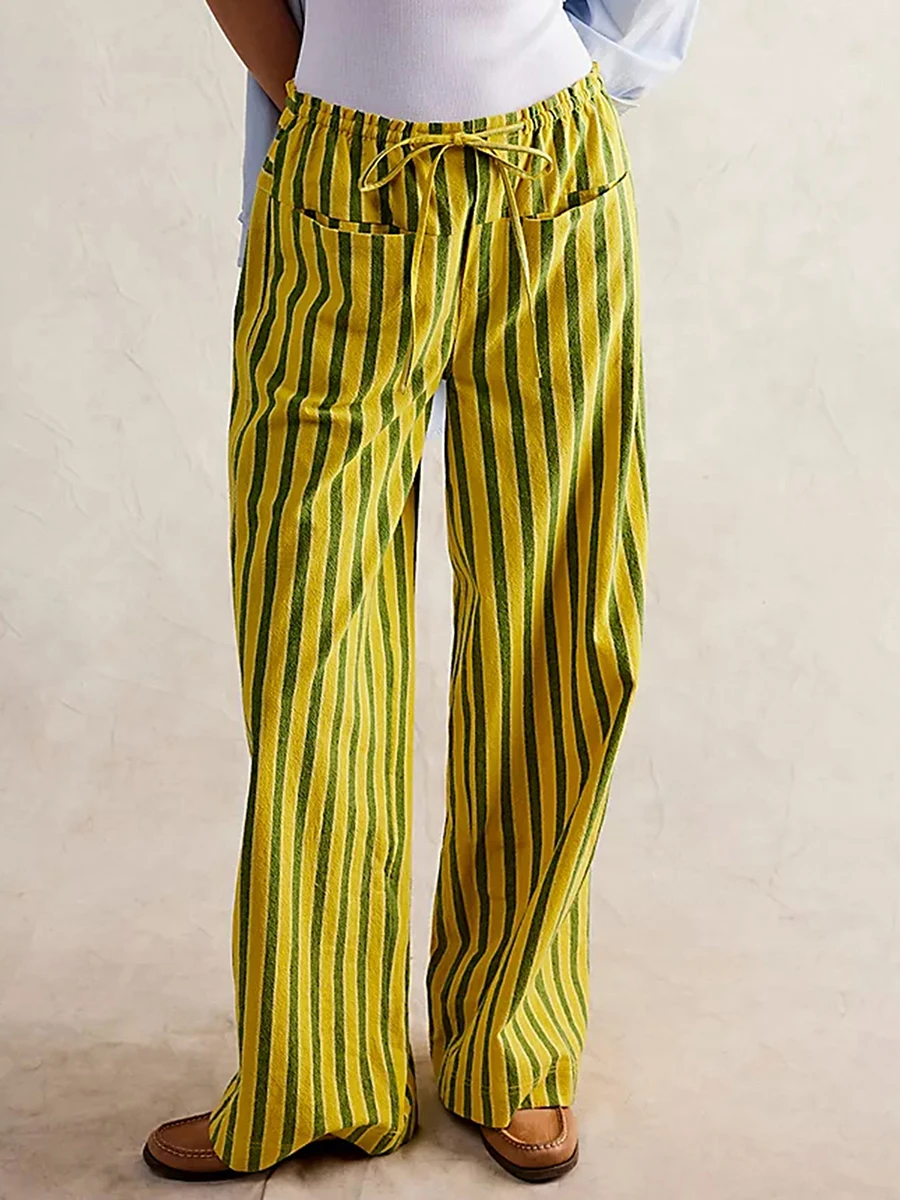 Women Lounge Striped Print Long Pants Elastic High Waist Loose Fit Straight Wide Leg Trousers Hip Hop Oversized Y2K Streetwear