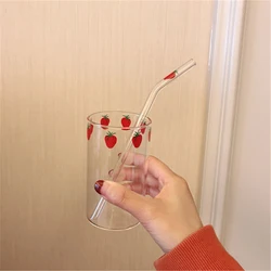 300ml Strawberry Cute Glass Cup With Straw Creative Transparent Water Cup Student Milk Heat Resistant Glass Nana Christmas gift