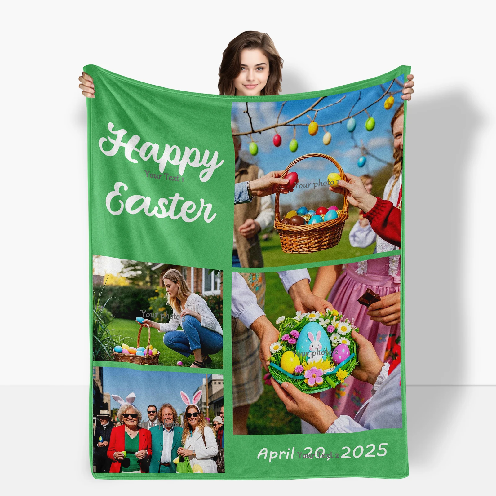 Easter Unique Flannel Blanket Offering Four Custom Images And Two Personalized Texts For Cherished Family And Friends