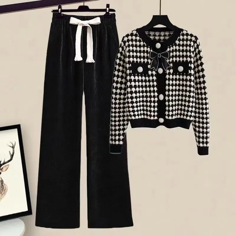 チェック柄長袖Vネックボタンカーディガン トップス 伸縮性ハイウエストカジュアルファッションパンツ レディーススーツ