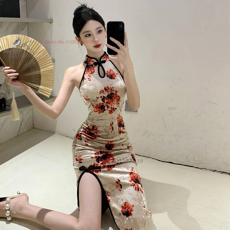 

Китайское сексуальное платье 2021, улучшенное бархатное платье Cheongsam с цветочным принтом, без рукавов, Ципао, для ночного клуба, банкета, вечернее платье Ципао, платье