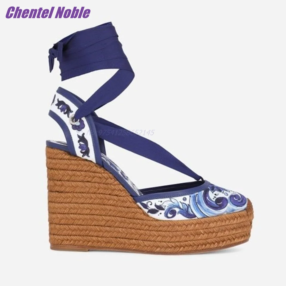 Wedge Printing Sandals For Women Ankle Straps Summer Elegant Lady Dress Fashion Luxury Brand Straw Sole Super High Heel