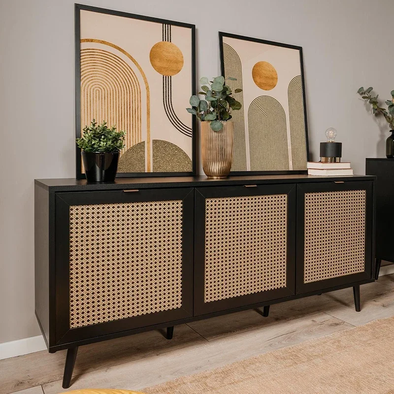 3 Door Black Wood Modern Deluxe Rattan Sideboard Buffet Cabinet