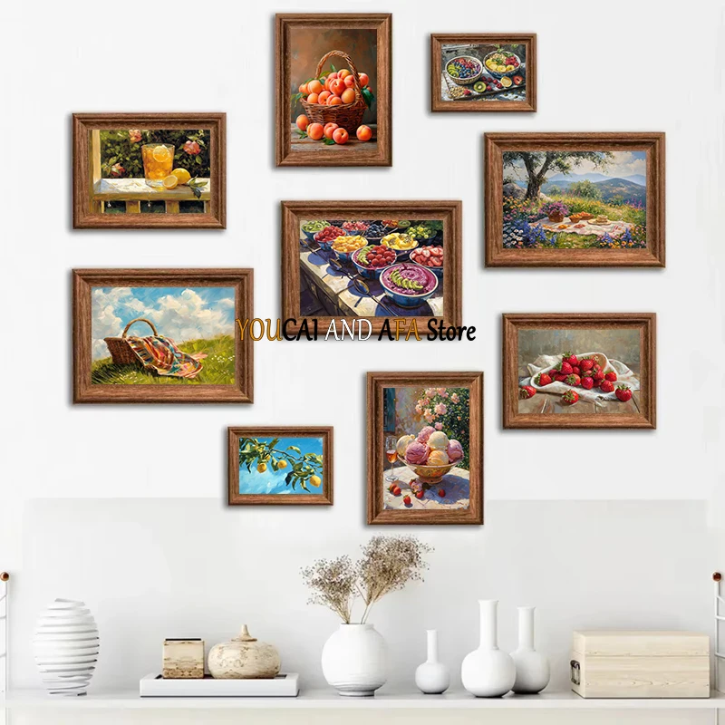 Frutas de verano, arándano, melocotón, zumo de naranja, helado, cartel Vintage de relajación de la tarde, pintura en lienzo, cuadro de pared, decoración del hogar