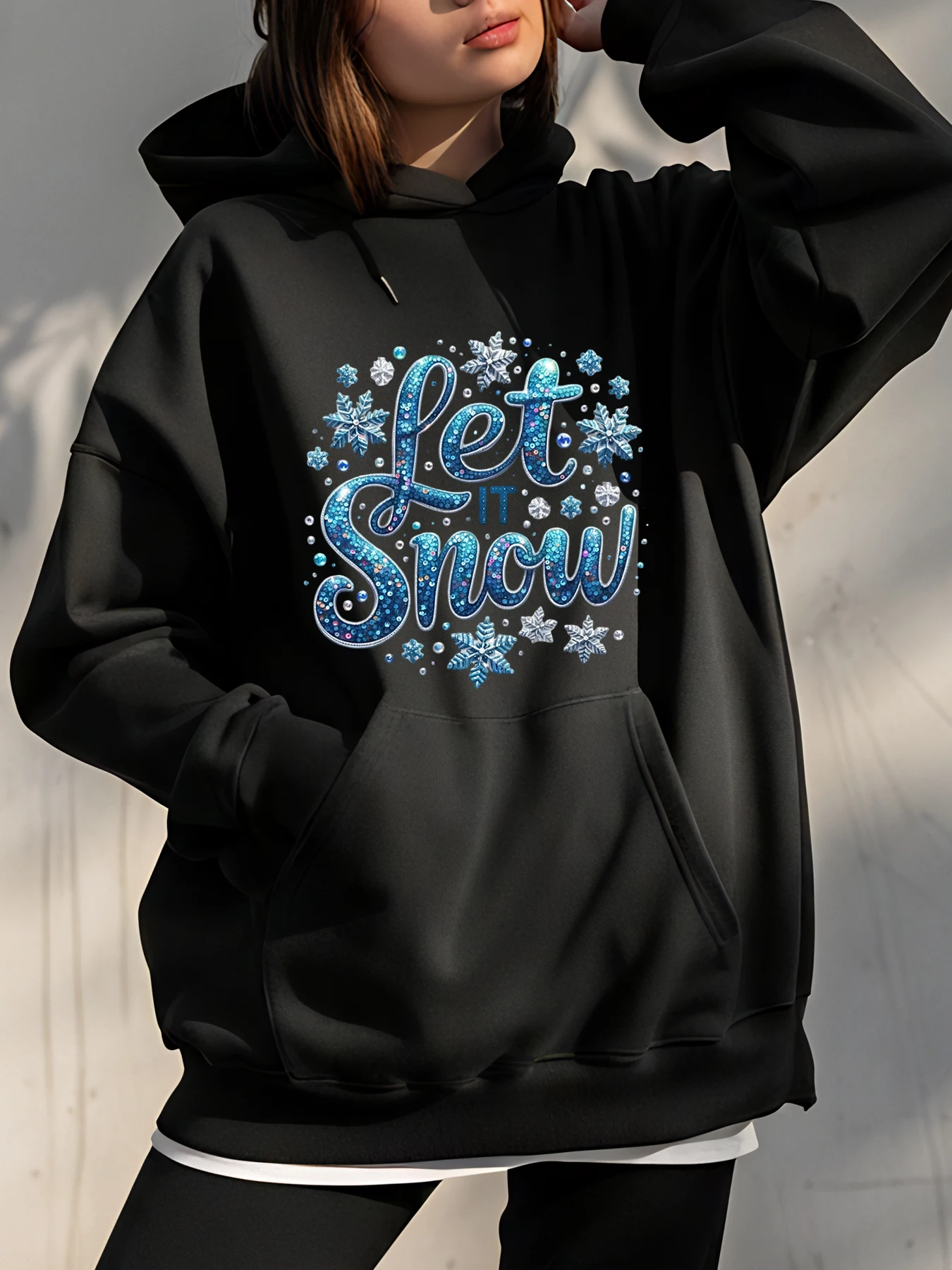 

Женская черная толстовка с капюшоном Let It Snow с блестящим принтом, зимняя рождественская толстовка, повседневная верхняя одежда для женщин