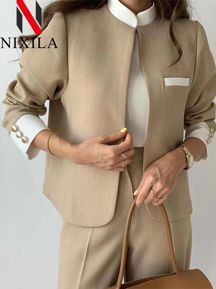 

New in Spring Autumn Pants Sets Two Piece Suit Elegant Women Blazer Cardigan Stand Collar Coat Straight Pants Solid Casual Suits