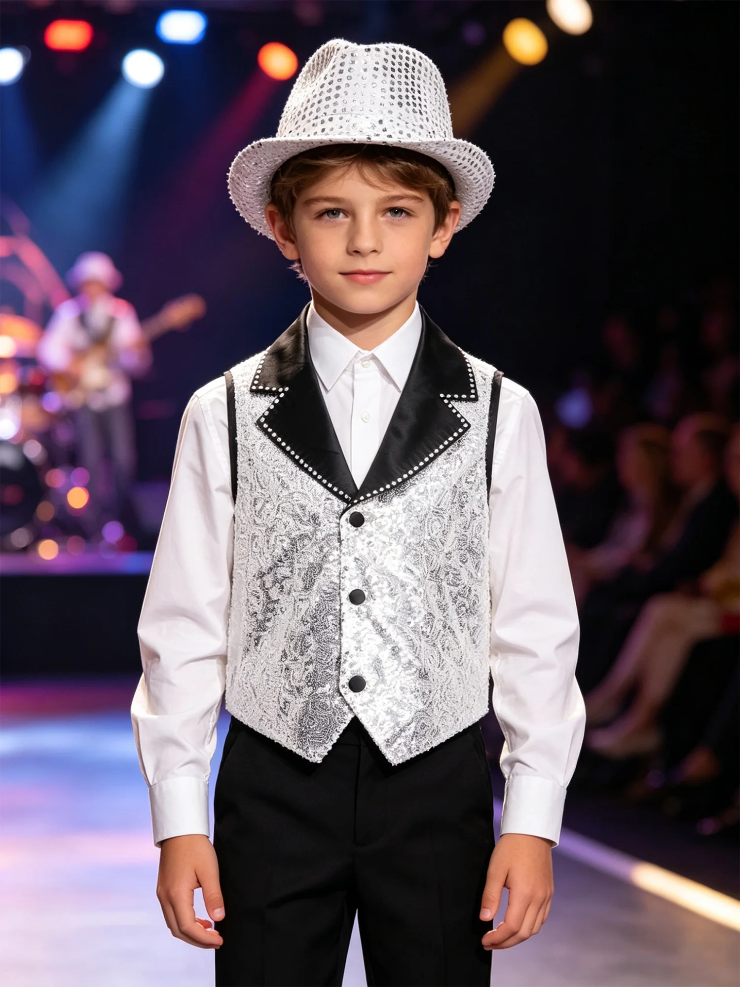 Children Sleeveless Sparkling Sequin Vest with Hat Prom Suit Kids Boys Waistcoat Jazz Dance Performance Outfit Circus Costume