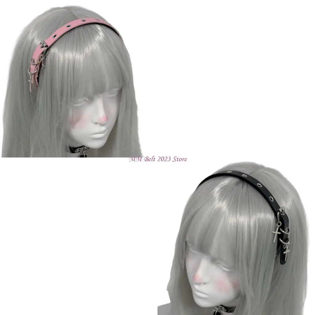 

49ME обруч для волос в стиле панк с крестами, альтернативная уличная одежда, женский аксессуар в готическом стиле из кожи