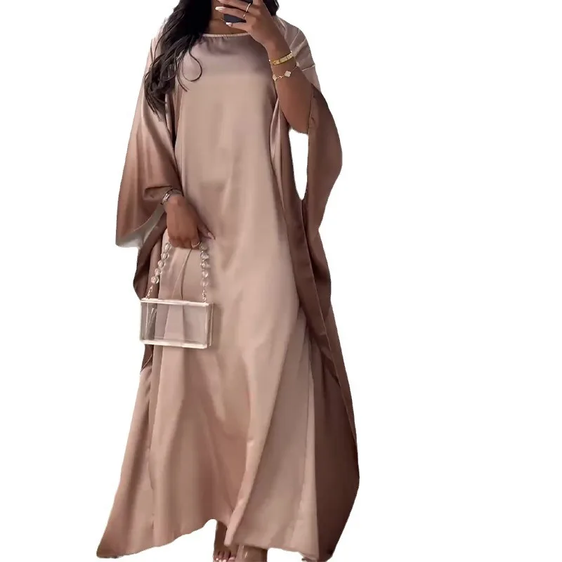 Summer Casual Loose Fit Maxi Dress Muslim Robe Women Satin 3/4 Sleeve O Neck Long Dress Women  Vestidos De Tricô Femenino