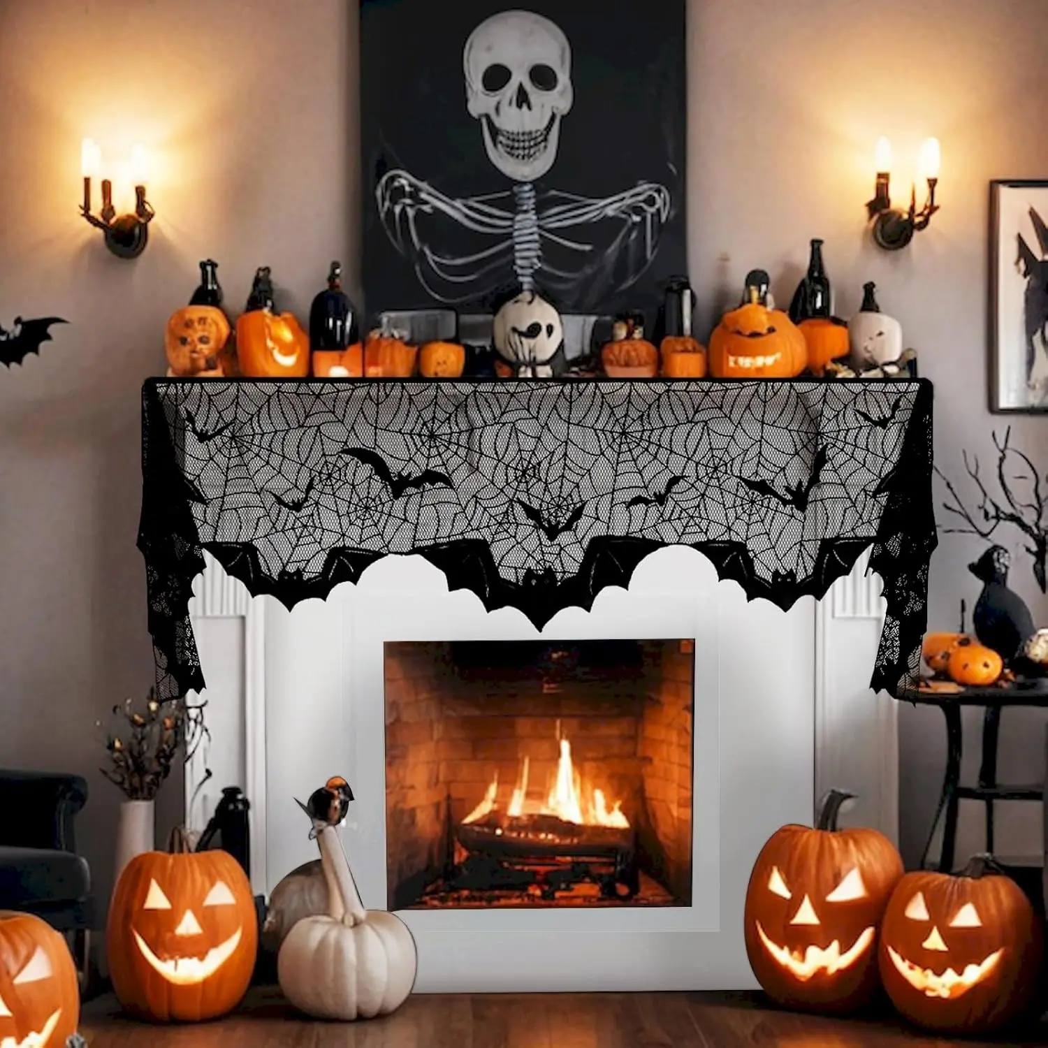 On-Airstore Halloween Mantle Scarf Pumpkin Bat Spider Web Fireplace Scarf Black Embroidered Lace Table Runner Mantle Cover for Halloween Fireplace Decoration Halloween Party Supplies 96 x 18 Inch