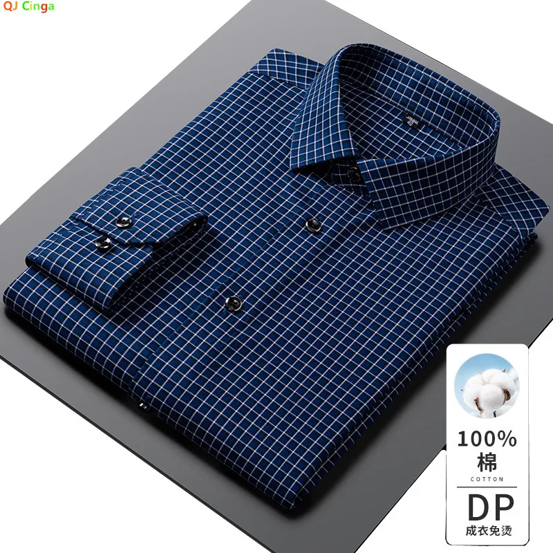 2026 New Men's Classic Checkered Dress Shirt – Blue Grid Pattern Long Sleeve Business Casual Cotton Shirts, Asian Sizes Slim Fit