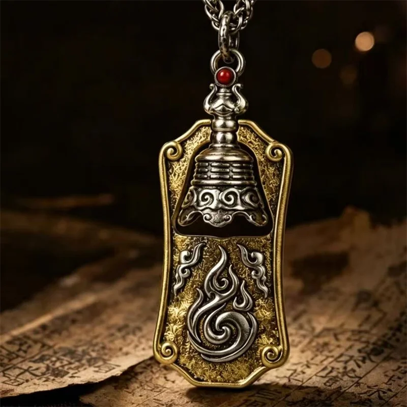 Ethnic Style Spiral Flame Hammer Textured Token Pendant Men Jewelry Retro Bell Bring Wealth Attract Blessings Necklace Women