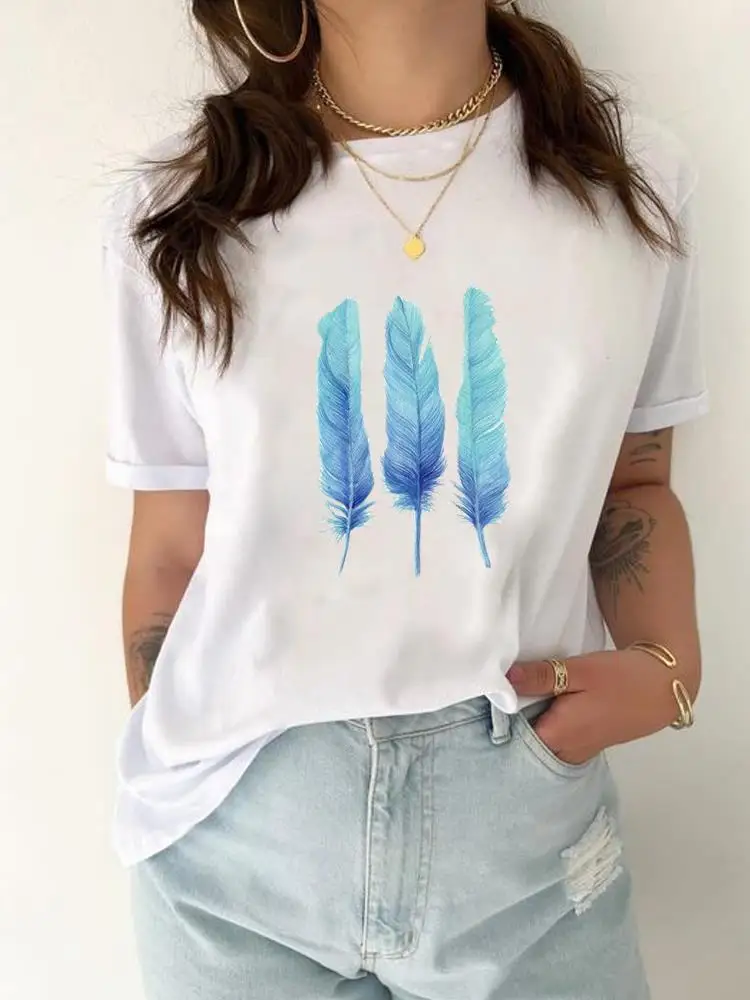 

Print T-shirt Top Women Fashion Casual Clothing Female Feather Lovely Trend Cute Sweet 90s Graphic T Shirt Short Sleeve Tee