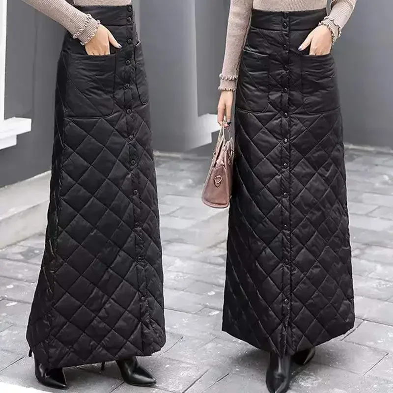 2024 Winter Women Down Cotton-padded Skirt Thicken Windproof Warm Long Skirts with Button Quilted Cotton A-line Skirts T425