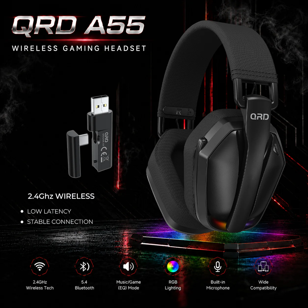 Игровая гарнитура QRD A55, 2,4 ГГц, беспроводная Bluetooth-гарнитура с микрофоном, накладные наушники для PS5/PS4/Switch/PC, объемный звук