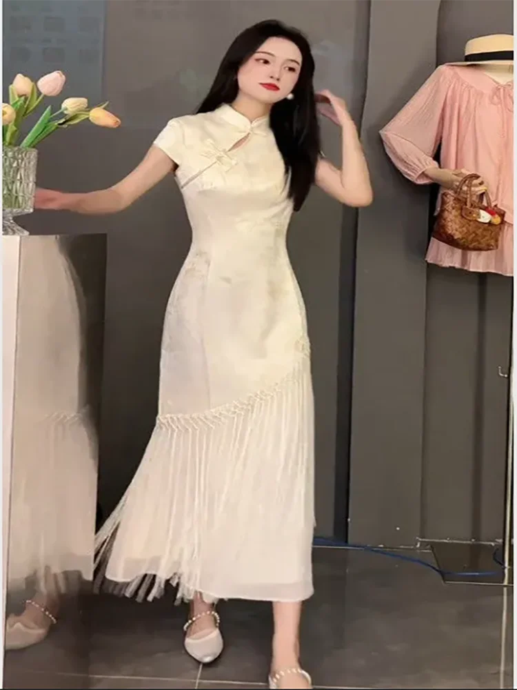 Women’s Qipao Maxi Dress Mandarin Collar Cap Sleeve Floral Jacquard Tulle Tassel Split Hem Cheongsam Wedding Guest Gown Vestidos