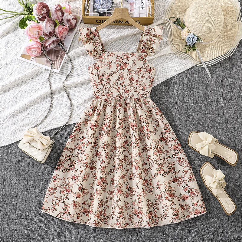 

Girls 8-12 Floral Casual Dress, Front Square Neck Flutter Sleeves Smocked Waist/Back Bowknot Detail, Daily Kids Outfit