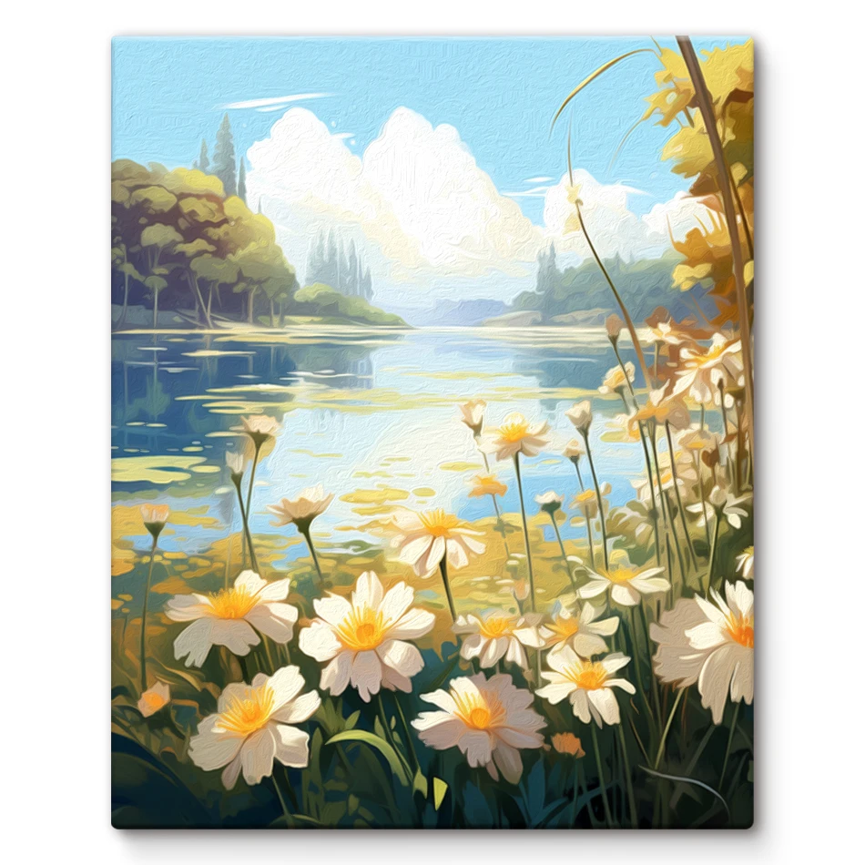 

SDOYUNO Diy Oil Painting By Numbers White Flower Lake Scenery Acrylic Paints On Canvas Handpainted For Beginner Diy Crafts Kits